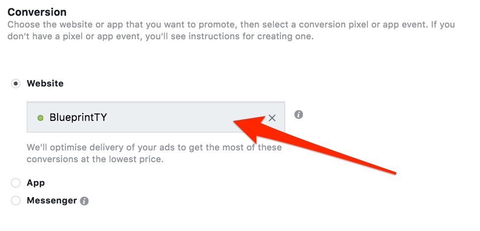 Selecting the custom conversion when creating a Facebook ad