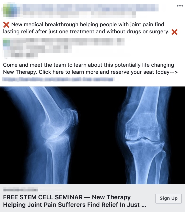 Example of a chiropractor stem cell seminar Facebook ad